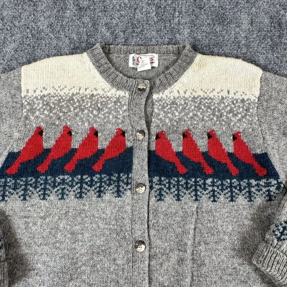 Vintage Orvis Cardigan Sweater 36 Womens Wool Bird Pattern Gray Button - Picture 2 of 5